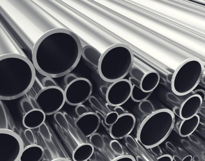 Heap of shiny metal steel pipes with selective focus effect, 3d illustration